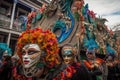 mardi gras parade, with float featuring masked revelers dancing to music