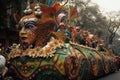 mardi gras parade, with float featuring masked revelers dancing to music