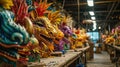 Mardi Gras parade props, workshop space, creative process, behind the scenes, colorful parade props, float making