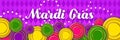 Mardi Gras Party banner with a Lettering, carnival mask, floral elements, beads and Mardigras cover. Circus amusement