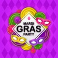 Mardi Gras Party banner with a Lettering, carnival mask, floral elements, beads and Mardigras pattern. Circus amusement