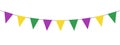 Mardi Gras party bunting, gold, purple and green flag garland, triangle pennants, holiday decoration, vector decorative