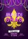 Mardi Gras party carnival banner, decorative beads and shiny gold symbol, vector illustration