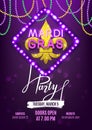 Mardi Gras party carnival banner, decorative beads and shiny gold symbol, vector illustration