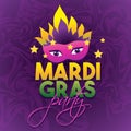 Mardi Gras Party Logo Poster. Carnival type treatment. Mask Poster. Calligraphy and Typography Card.Holiday poster or