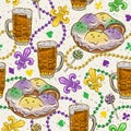 Mardi Gras pattern with king cake, glass of beer