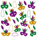 Mardi gras pattern with mask feathers and necklaces