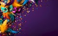 Mardi Gras poster. A banner template with Venetian masquerade masks, confetti and feathers on purple background Royalty Free Stock Photo