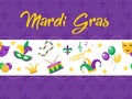 Mardi Gras poster with mask, beads, trumpet, drum, fleur de lis, jester hat, masks