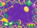Mardi Gras poster with mask, beads, trumpet, drum, fleur de lis, jester hat, masks