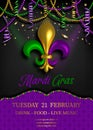 mardi gras poster with pearls and streamers. mardi gras background with tricolor lily