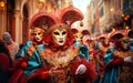 Mardi Gras poster. Portrait of a carnival participant in gorgeous costume and mask. AI Generative