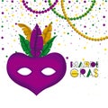 Mardi gras poster with purple carnival mask with colorful feathers and necklaces and confetti background