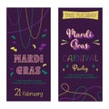 Mardi Gras poster. Set of Colorful Holiday flyer template with masquerade mask, beads, confetti, traditional elements for party