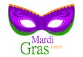 Mardi Gras purple carnival mask with ornaments for poster, greeting card, party invitation, banner or flyer on white background.