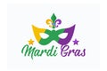 Mardi Gras purple and green text with masquerade mask and fleurs-de-lis. American New Orleans Fat Tuesday poster, greeting card.