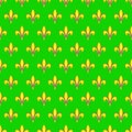 Mardi Gras seamless pattern with fleur de lis or lily icon. Flat elements of yellow color on a green background. Festive il Royalty Free Stock Photo
