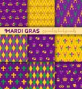 Mardi Gras seamless pattern with masks, jester s hats, crown an fleur de lis. Set of backgrounds Royalty Free Stock Photo