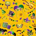 Mardi Gras. Seamless pattern. Template with Golden Carnival Masks on Background. Glittering Celebration Festive. Vector Royalty Free Stock Photo