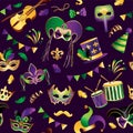 Mardi Gras. Seamless pattern. Template with Golden Carnival Masks on Background. Glittering Celebration Festive. Vector Royalty Free Stock Photo