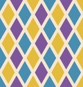 Mardi Gras seamless repeating background with green, yellow and purple diamonds. Holiday poster or placard template