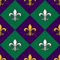 Mardi Gras seamless vector pattern featuring fleur-de-lis symbols in purple, green, and gold Royalty Free Stock Photo