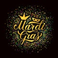 Mardi Gras shiny gold lettering on bright colorful glitter confetti background. Traditional carnival New Orleans. Fat or Shrove