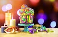 Mardi Gras theme on-trend candyland fantasy drip cake. Royalty Free Stock Photo