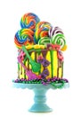 Mardi Gras theme on-trend candyland fantasy drip cake. Royalty Free Stock Photo