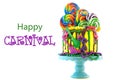 Mardi Gras theme on-trend candyland fantasy drip cake. Royalty Free Stock Photo