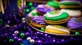 Mardi Gras Treats food and drinks in purple, green, yellow colors background. Masquerade festival carnival masks, gold Royalty Free Stock Photo