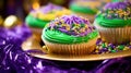 Mardi Gras Treats food and drinks in purple, green, yellow colors background. Masquerade festival carnival masks, gold Royalty Free Stock Photo