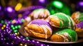 Mardi Gras Treats food and drinks in purple, green, yellow colors background. Masquerade festival carnival masks, gold Royalty Free Stock Photo