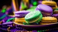 Mardi Gras Treats food and drinks in purple, green, yellow colors background. Masquerade festival carnival masks, gold Royalty Free Stock Photo