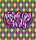 Mardi Gras vector hand lettering. Fat or Shrove Tuesday poster, invitation, greeting card with carnival rhombic pattern.