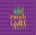 Mardi Gras vector hand lettering greeting card. Fat, Shrove Tuesday poster with mask illustration. Carnival background.