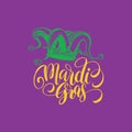 Mardi Gras vector hand lettering greeting card. Fat Tuesday invitation with Jester Hat illustration.Carnival background. Royalty Free Stock Photo