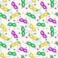 Mardi Gras vector seamless pattern with carnival masks and beads. Royalty Free Stock Photo