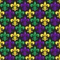 Mardi Gras vector seamless pattern with colorful fleur-de-lis on black background.