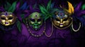 Mardi Gras Venetian masks in golden purple green colors background. Festive colorful Carnival Mardi Gras masquerade mask Royalty Free Stock Photo