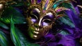 Mardi Gras Venetian masks in golden purple green colors background. Festive colorful Carnival Mardi Gras masquerade mask Royalty Free Stock Photo