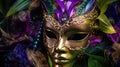 Mardi Gras Venetian masks in golden purple green colors background. Festive colorful Carnival Mardi Gras masquerade mask Royalty Free Stock Photo