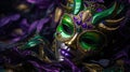 Mardi Gras Venetian masks in golden purple green colors background. Festive colorful Carnival Mardi Gras masquerade mask Royalty Free Stock Photo