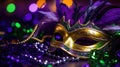 Mardi Gras Venetian masks in golden purple green colors background. Festive colorful Carnival Mardi Gras masquerade mask Royalty Free Stock Photo