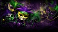 Mardi Gras Venetian masks in golden purple green colors background. Festive colorful Carnival Mardi Gras masquerade mask Royalty Free Stock Photo