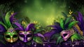 Mardi Gras Venetian masks in golden purple green colors background. Festive colorful Carnival Mardi Gras masquerade mask Royalty Free Stock Photo