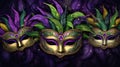 Mardi Gras Venetian masks in golden purple green colors background. Festive colorful Carnival Mardi Gras masquerade mask Royalty Free Stock Photo