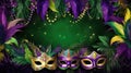 Mardi Gras Venetian masks in golden purple green colors background. Festive colorful Carnival Mardi Gras masquerade mask Royalty Free Stock Photo