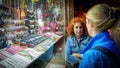 Tourist women shopping for accessories in Old city Mardin at night, Mardin, Turkey