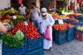 Mardin, Turkey-September 9 2020: .Masked old muslim man shopping fruit and vegetables during pandemic